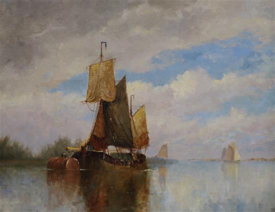In the manner of Frederick James Aldridge (1850-1933), oil on canvas, Thames barge in an estuary, initialled JH, 35 x 45cm